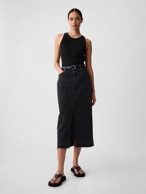 Gap High Waisted Black Jean Distressed Midi Skirt